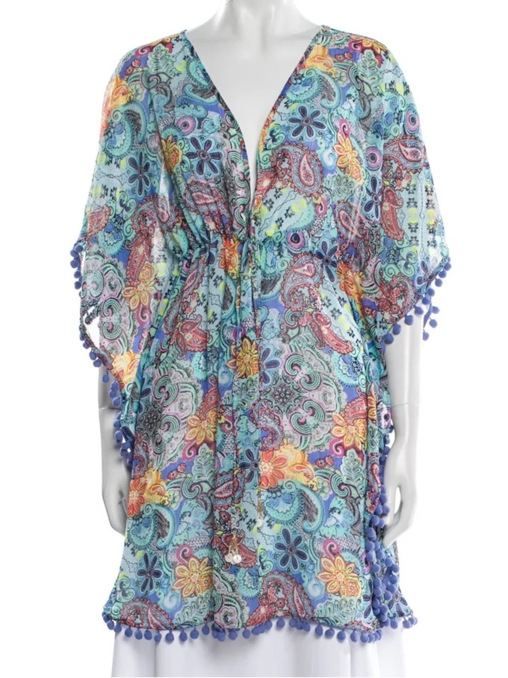 Bleu Rod Beattie Aqua Paisley Pom-Pom Kimono Cover-Up - Picture 3 of 9